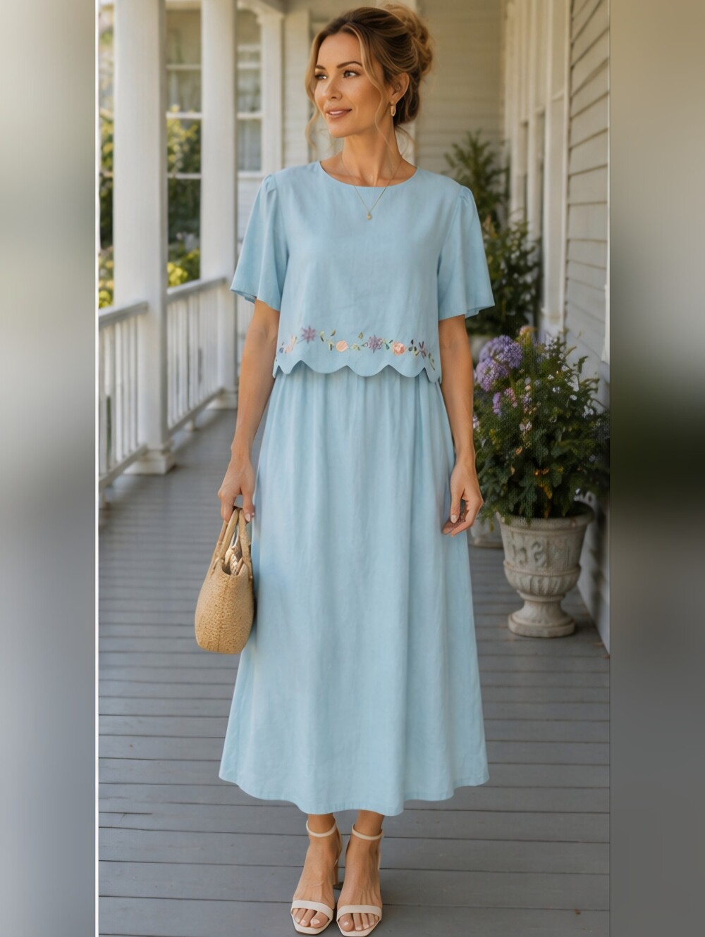Melissa Harper M.H.M. Blue Linen Blend Embroidered Scalloped Overlay Midi Dress
